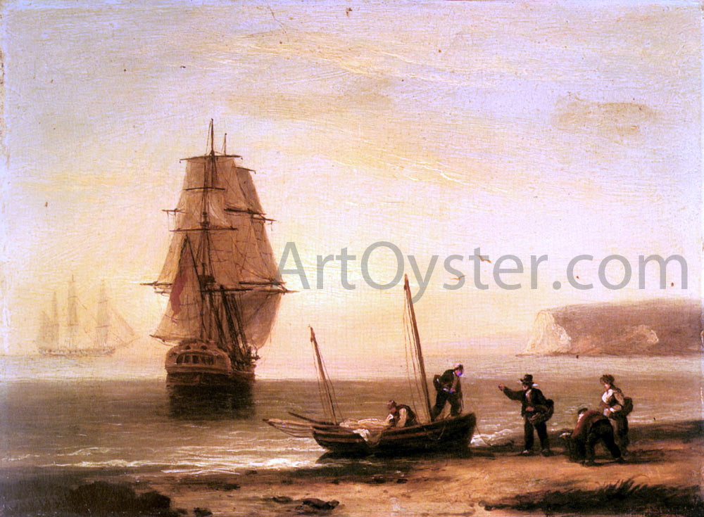 Thomas Luny Fishermen unloading the catch with a merchant ship in calm water off Brymer Bay, Devon - Hand Painted Oil Painting