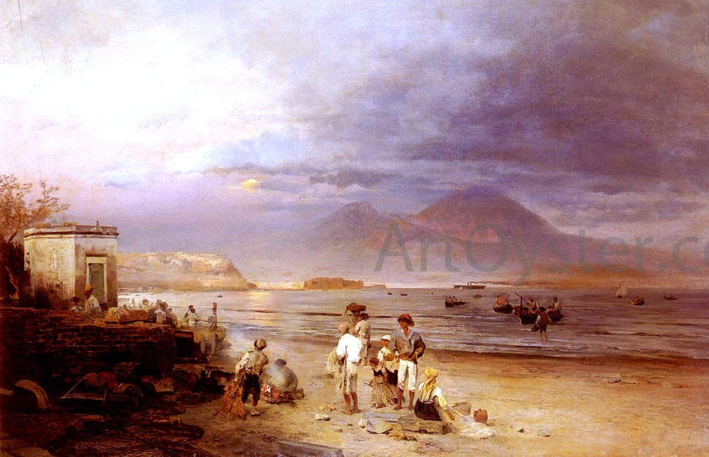 Oswald Achenbach Fishermen with the Bay of Naples and Vesuvius Beyond - Hand Painted Oil Painting