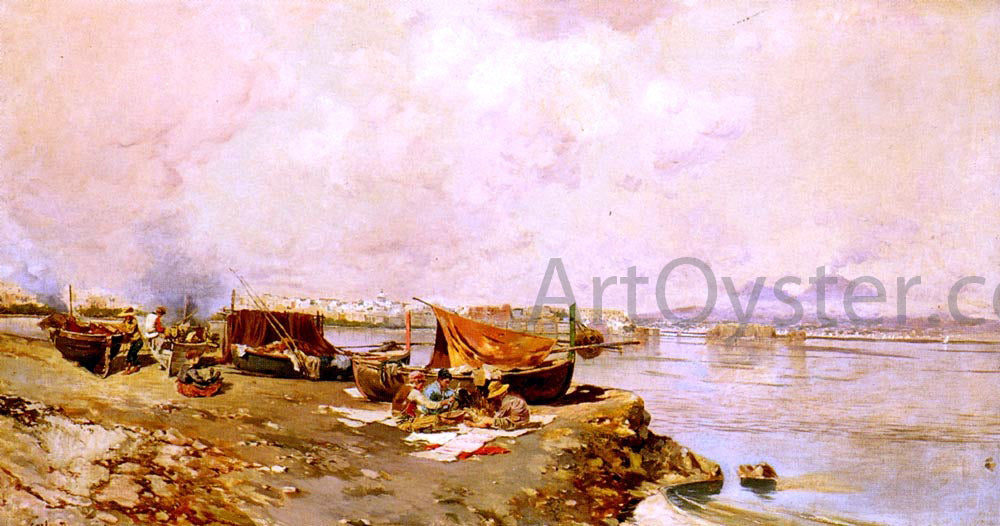 Carlo Brancaccio Fishermen's Tasks In The Bay Of Naples - Hand Painted Oil Painting