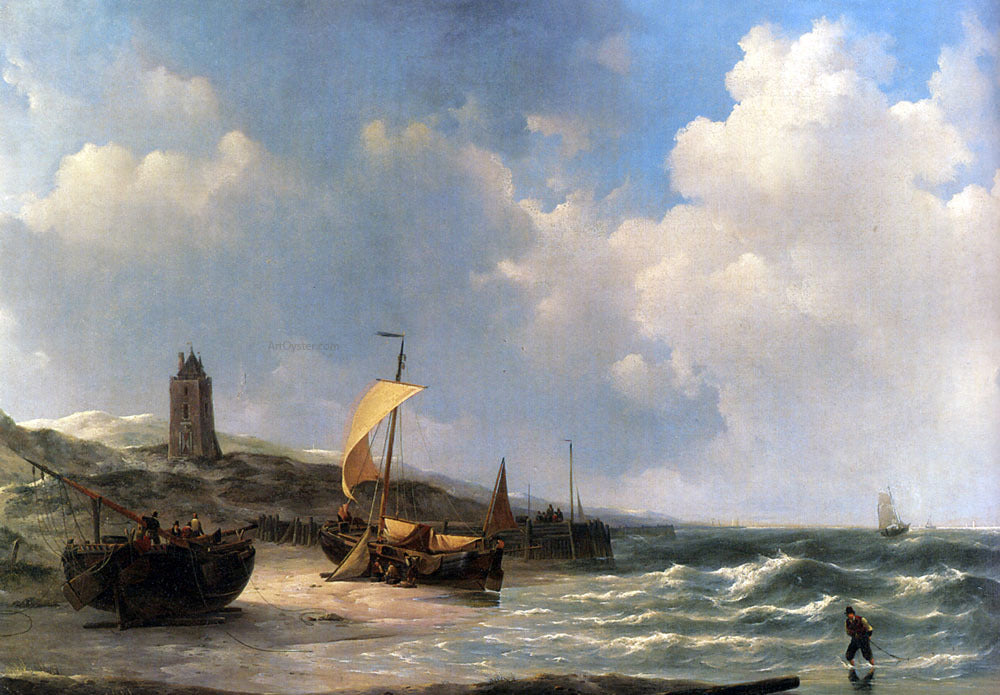 Jan Christianus Schotel Fishing Boats at Low Tide - Hand Painted Oil Painting