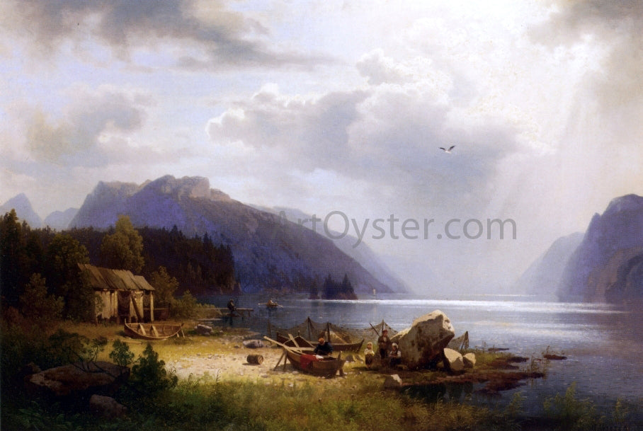 Herman Herzog Fishing in an Alpine Lake - Hand Painted Oil Painting