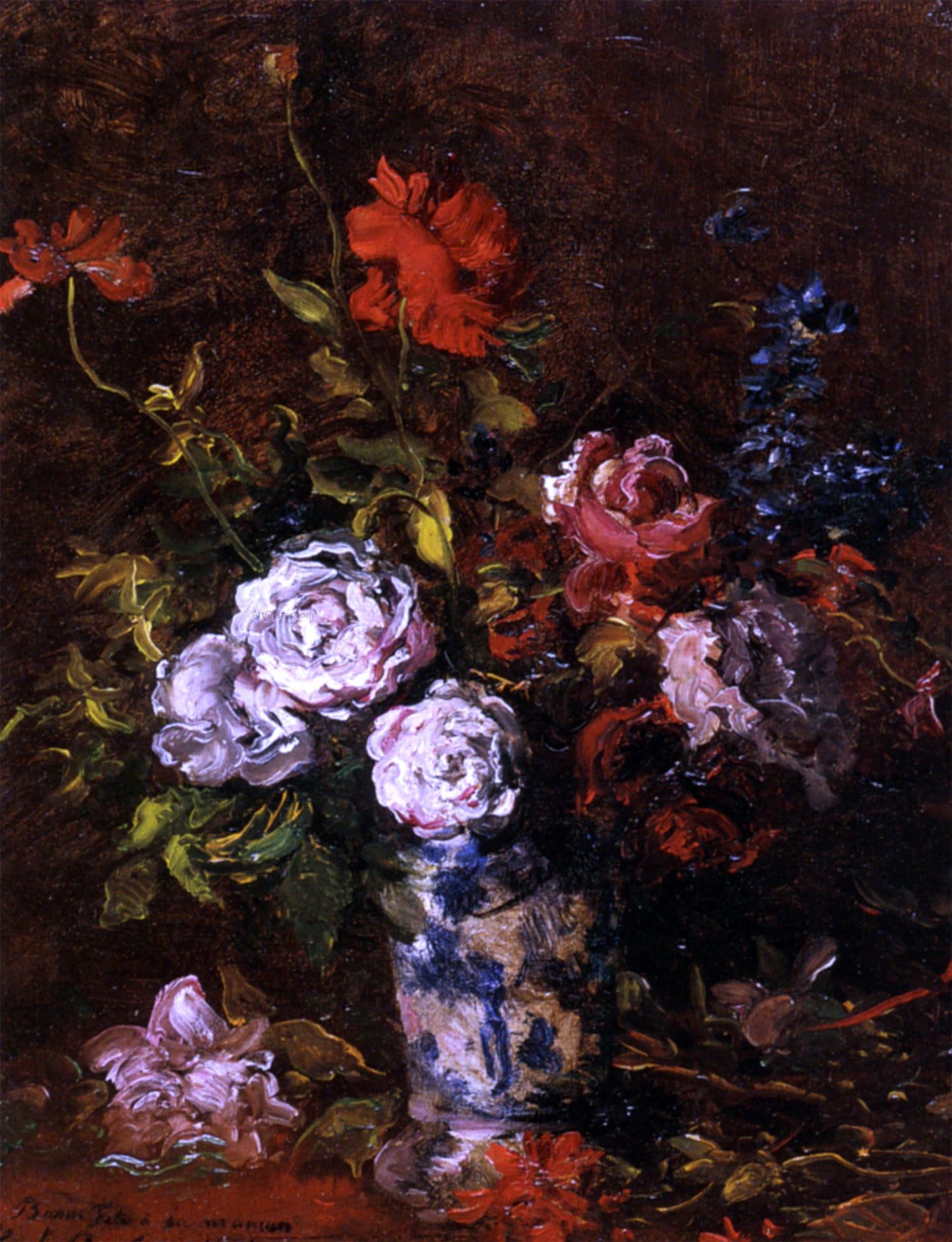 Karl-Pierre Daubigny Floral Still Life in a Blue and White Porcelain Vase - Hand Painted Oil Painting