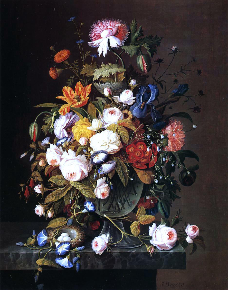 Severin Roesen Floral Still Life with Bird's Nest - Hand Painted Oil Painting