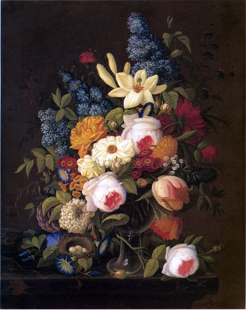 Severin Roesen Floral Still Life with Nest of Eggs - Hand Painted Oil Painting
