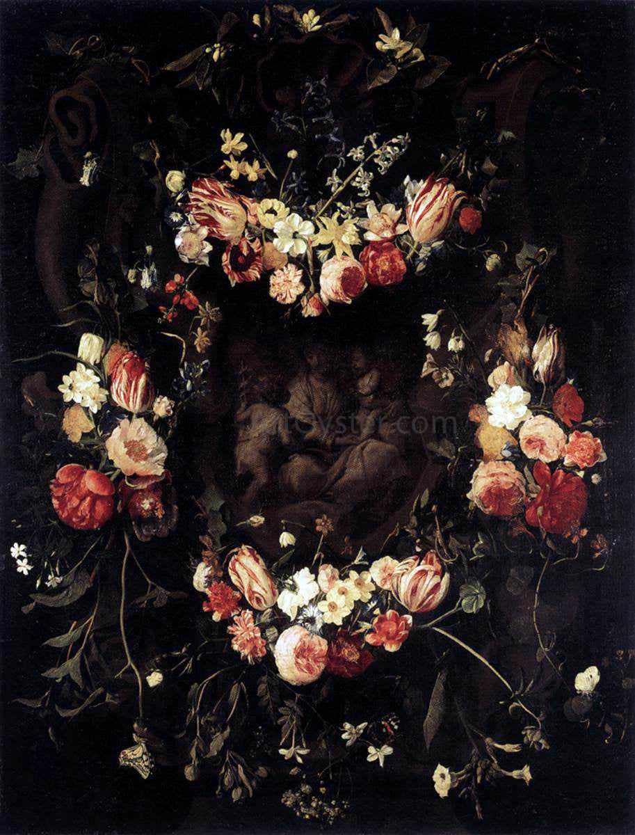 Daniel Seghers Floral Wreath with Relief after Quellinus - Hand Painted Oil Painting