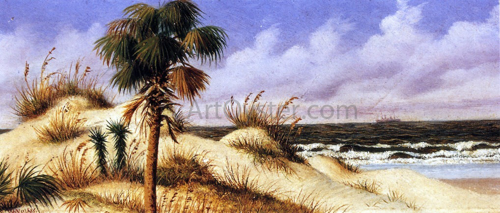 William Aiken Walker Florida Seascape with Sand Dune, Palm Tree, and Steamship - Hand Painted Oil Painting