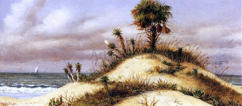 William Aiken Walker Florida Seascape with Sand Dune, Palm Tree, Yucca, Cactus and Sailboat - Hand Painted Oil Painting