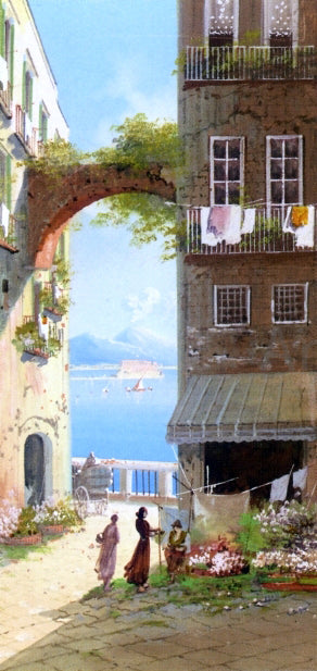 Girolamo Gianni A Flower Market with a View of Castel del'Ovo, Naples - Hand Painted Oil Painting