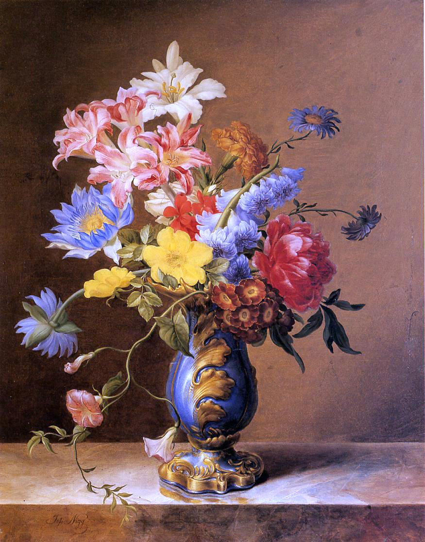 Josef Nigg Flowers in a Blue Vase - Hand Painted Oil Painting