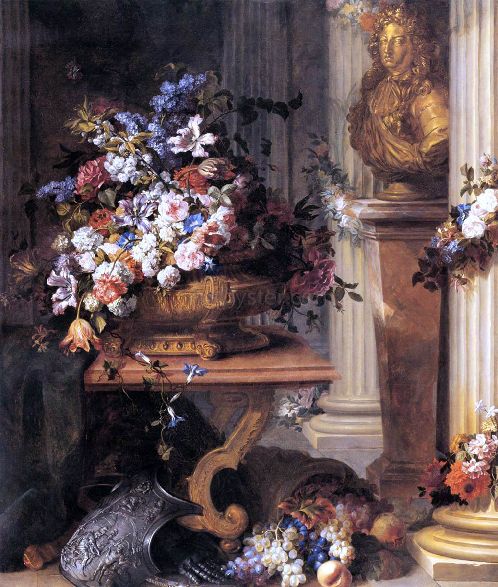 Jean-Baptiste Belin De Fontenay Flowers in a Gold Vase, Bust of Louis XIV, Horn of Plenty and Armour - Hand Painted Oil Painting