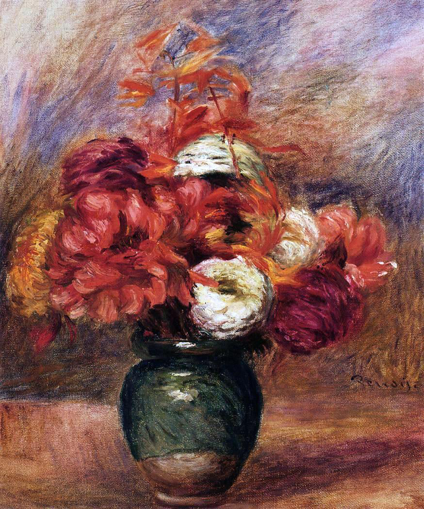  Pierre Auguste Renoir Flowers in a Green Vase - Dahlilas and Asters - Hand Painted Oil Painting