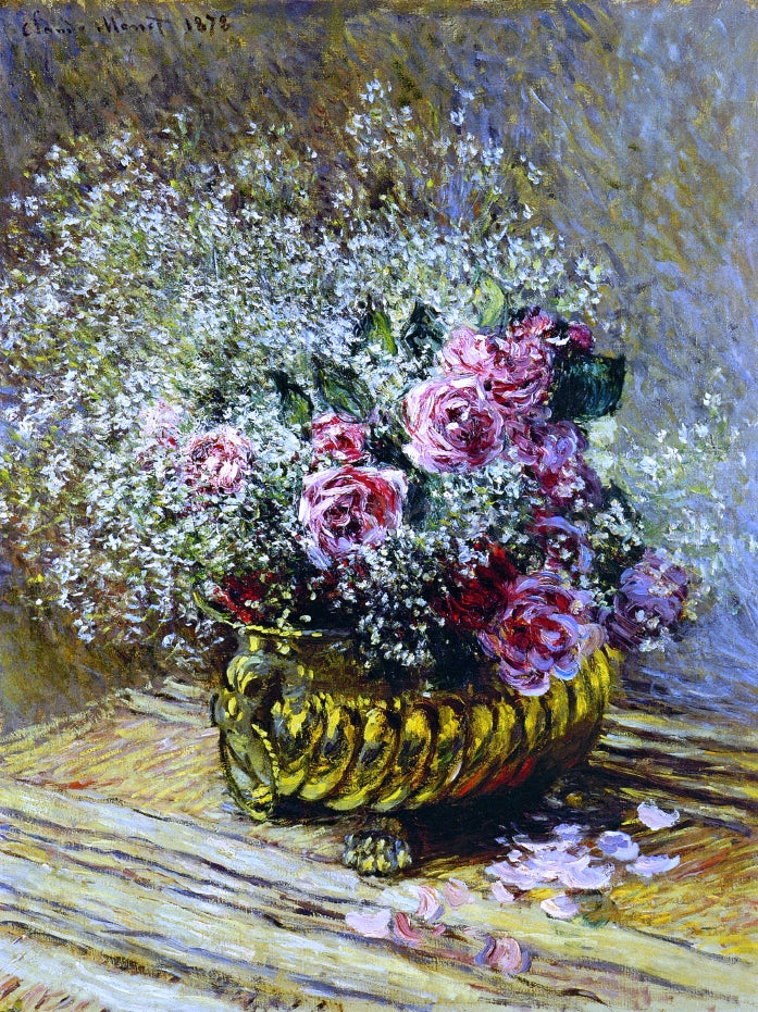 Claude Oscar Monet Flowers in a Pot (also known as Roses and Baby's Breath) - Hand Painted Oil Painting