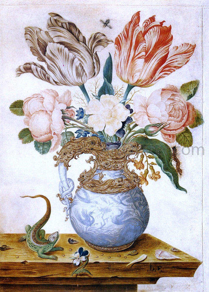  Jean-Baptiste Fornenburgh Flowers in an Ornamental Vase, A Lizard Beside It - Hand Painted Oil Painting