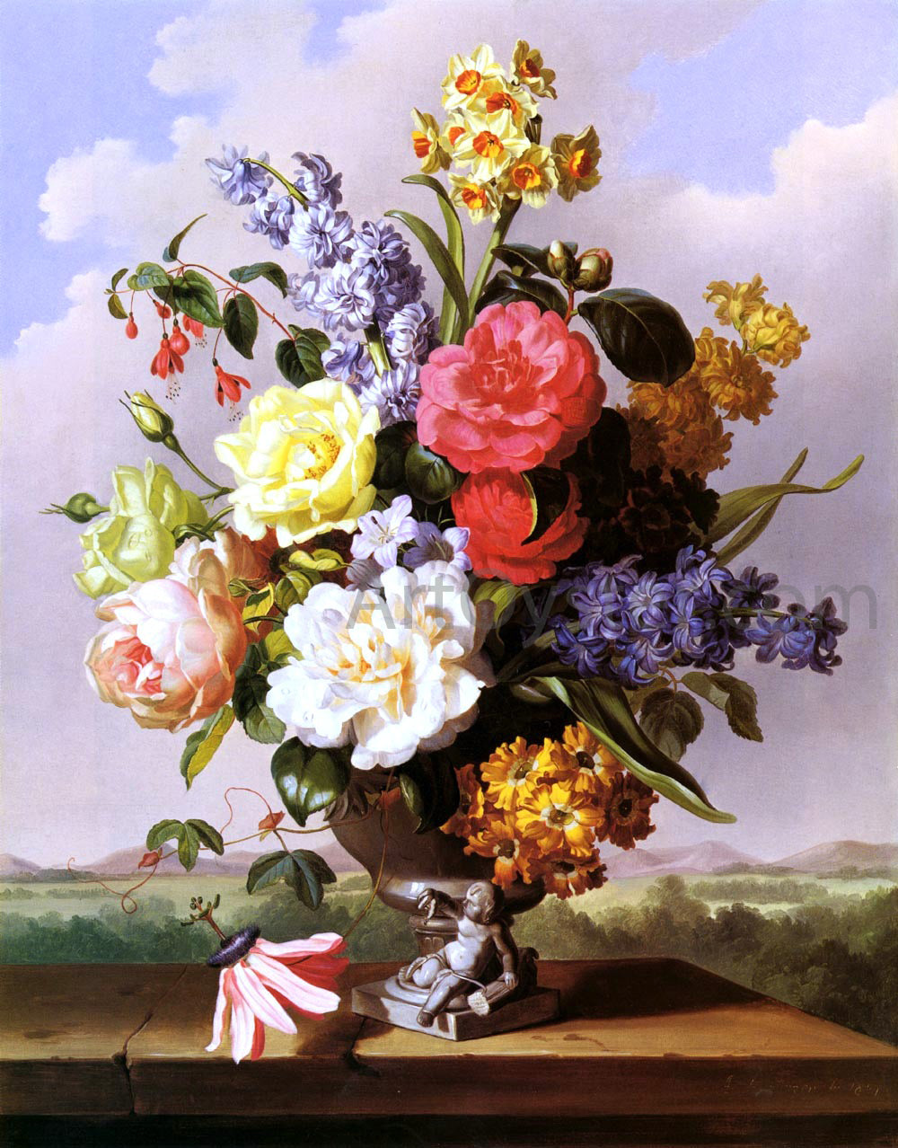 Anton Hartinger Flowers In An Urn On A Ledge - Hand Painted Oil Painting