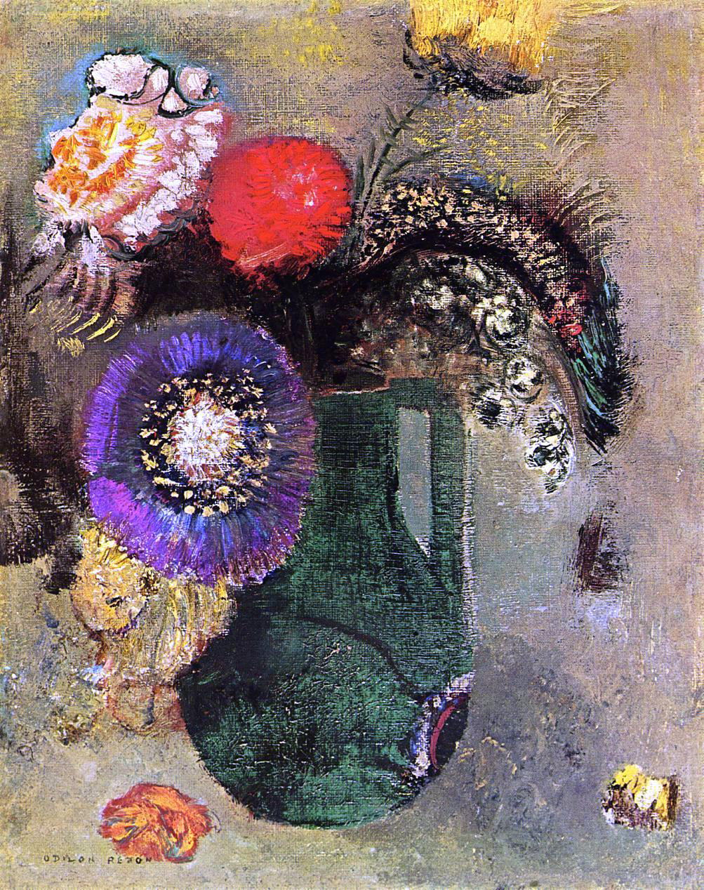  Odilon Redon Flowers in Green Vase with Handles - Hand Painted Oil Painting