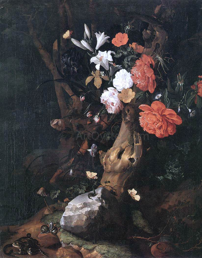 Rachel Ruysch Flowers on a Tree Trunk - Hand Painted Oil Painting