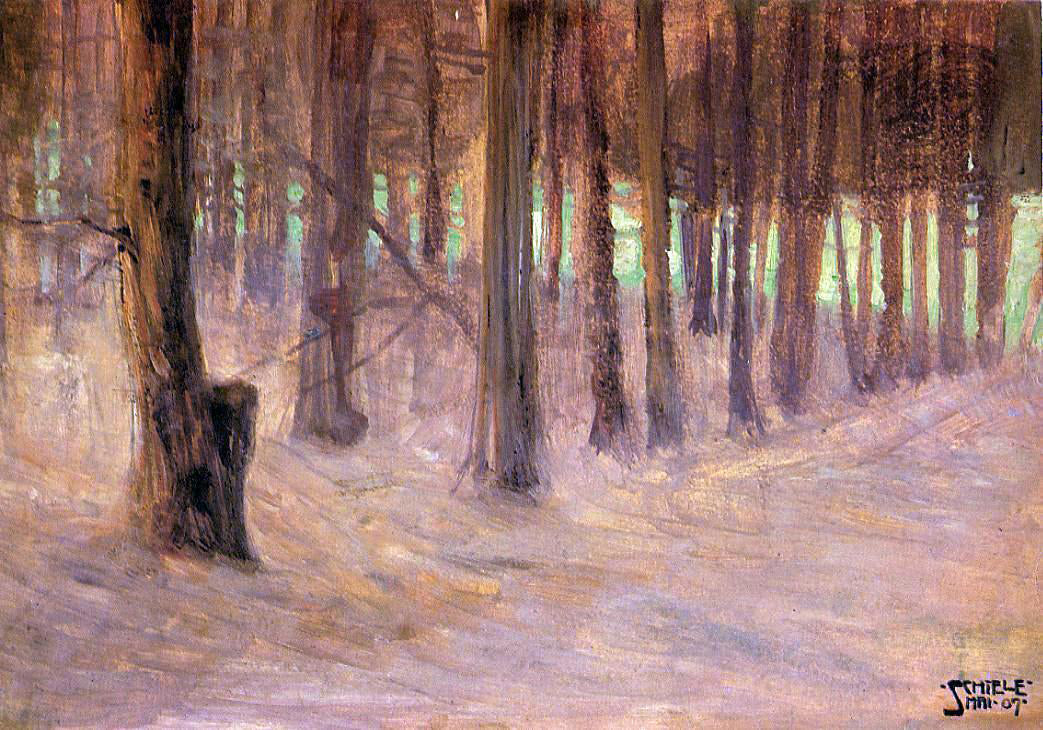 Egon Schiele Forest with Sunlit Clearing in the Background - Hand Painted Oil Painting