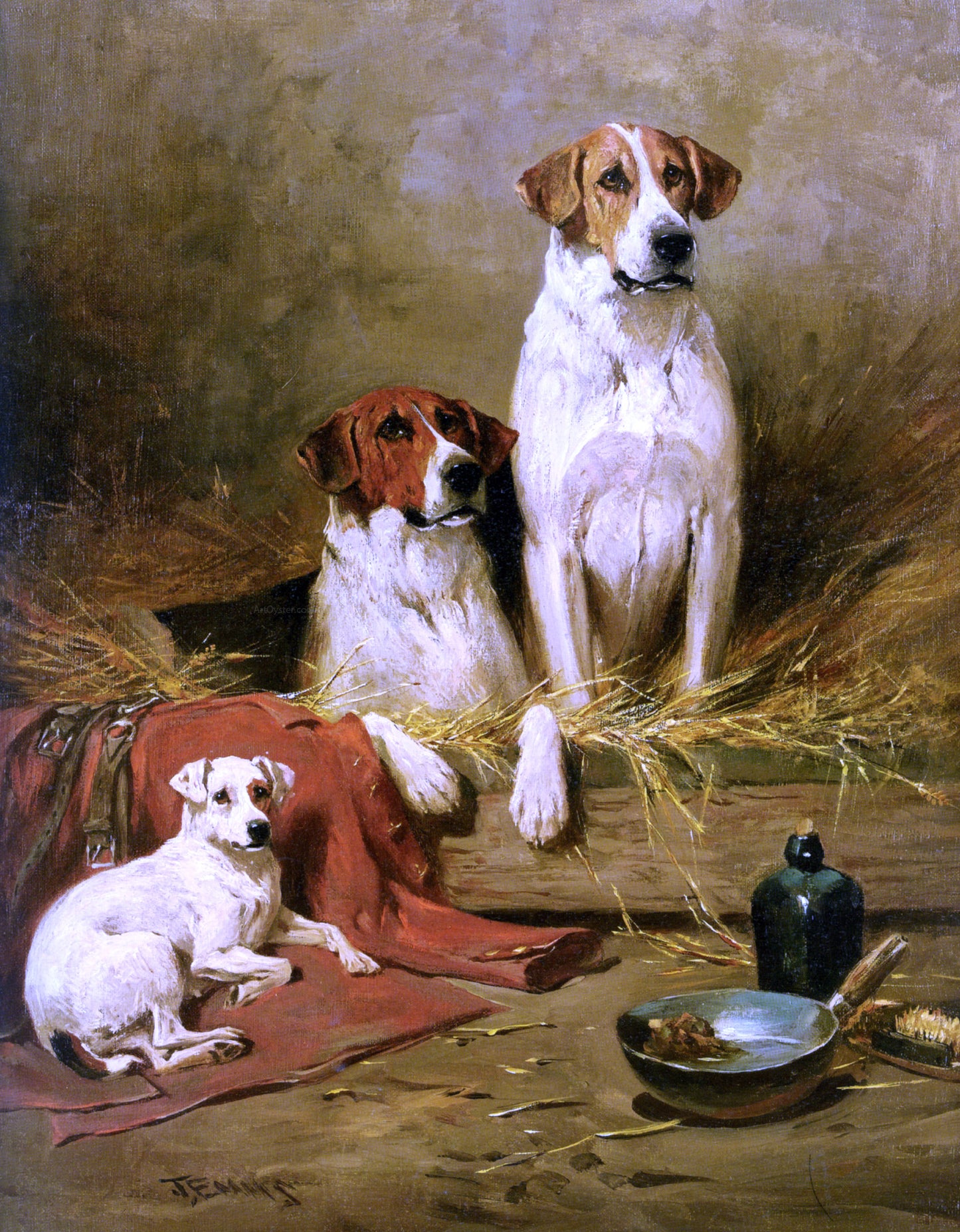 John Emms Foxhounds and a Terrier - Hand Painted Oil Painting