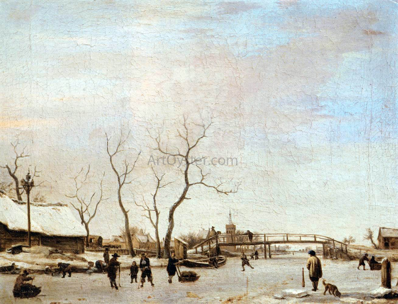 Adriaen Van de Velde Frozen Canal with Skaters and Hockey Players - Hand Painted Oil Painting