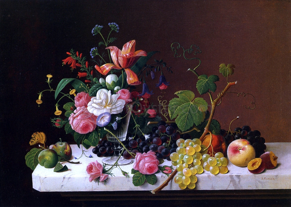  Severin Roesen Fruit and Flowers on a Marble Table Ledge - Hand Painted Oil Painting