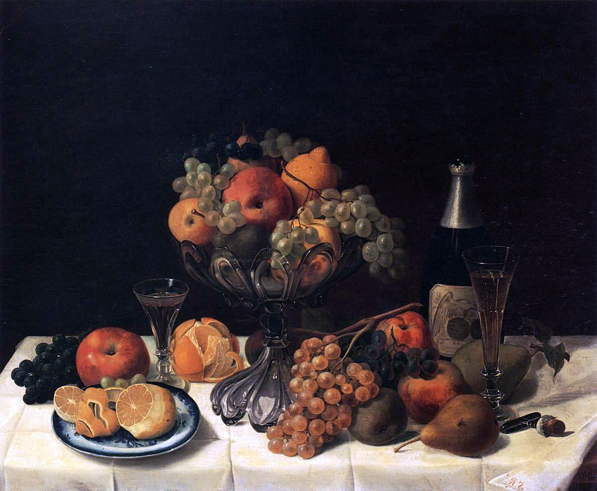 Severin Roesen Fruit Still Life with Champagne Bottle - Hand Painted Oil Painting