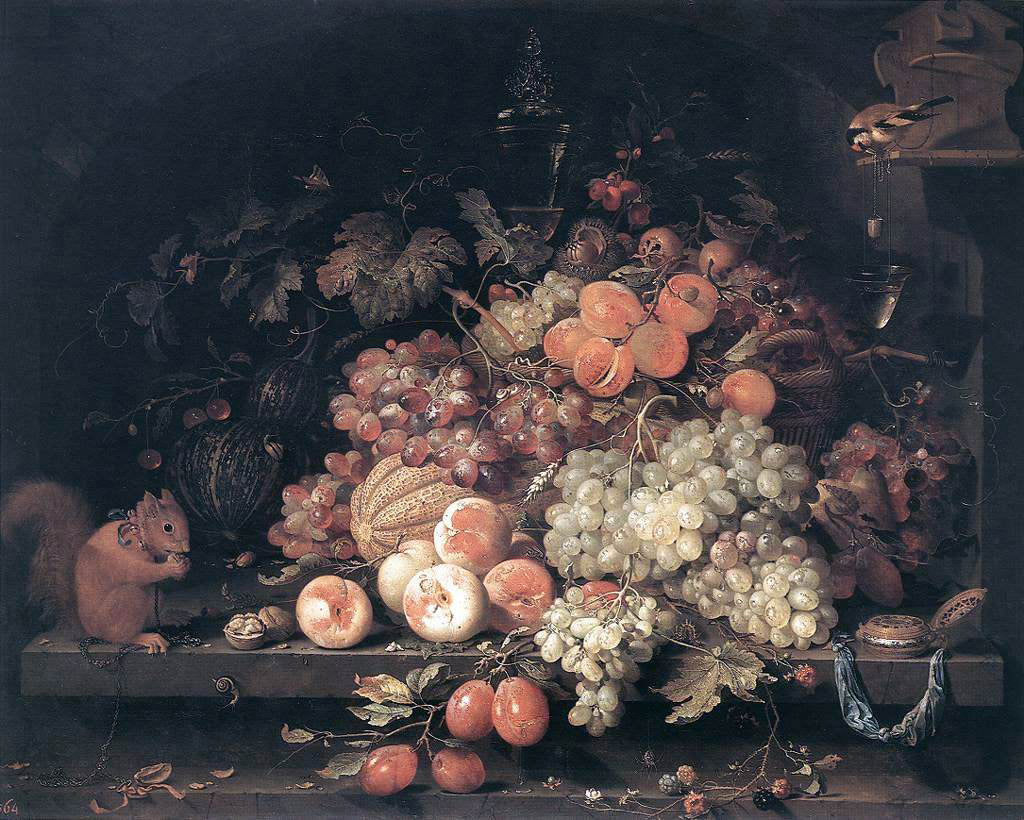 Abraham Mignon Fruit Still-Life with Squirrel and Goldfinch - Hand Painted Oil Painting