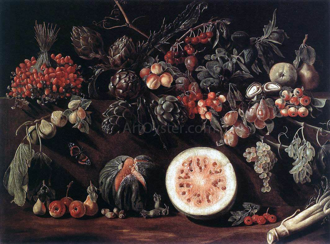 Pietro Paolo Bonzi Fruit, Vegetables and a Butterfly - Hand Painted Oil Painting