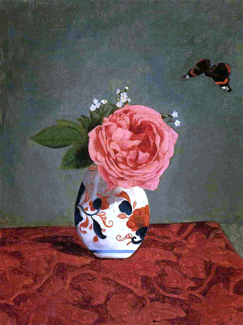 Gustave Caillebotte Garden Rose and Blue Forget-Me-Nots in a Vase - Hand Painted Oil Painting