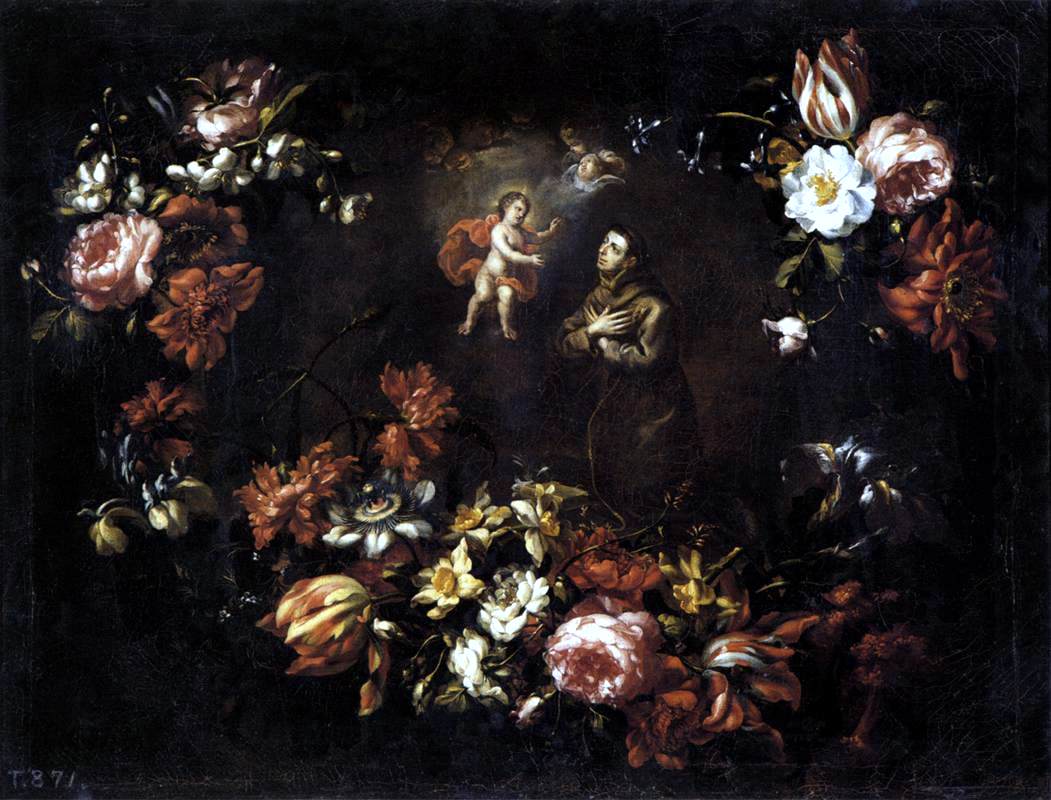 Bartolomé Pérez Garland of Flowers with St Anthony of Padua - Hand Painted Oil Painting