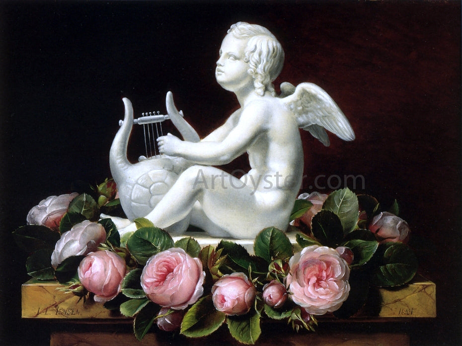 Johan Laurentz Jensen Garland of Pink Roses around 'Cupid Playing a Lyre' on a Brown Marble Ledge - Hand Painted Oil Painting