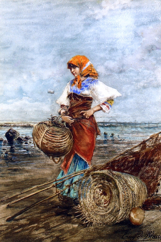 Eugene De Blaas Gathering Cockles at the Seashore - Hand Painted Oil Painting