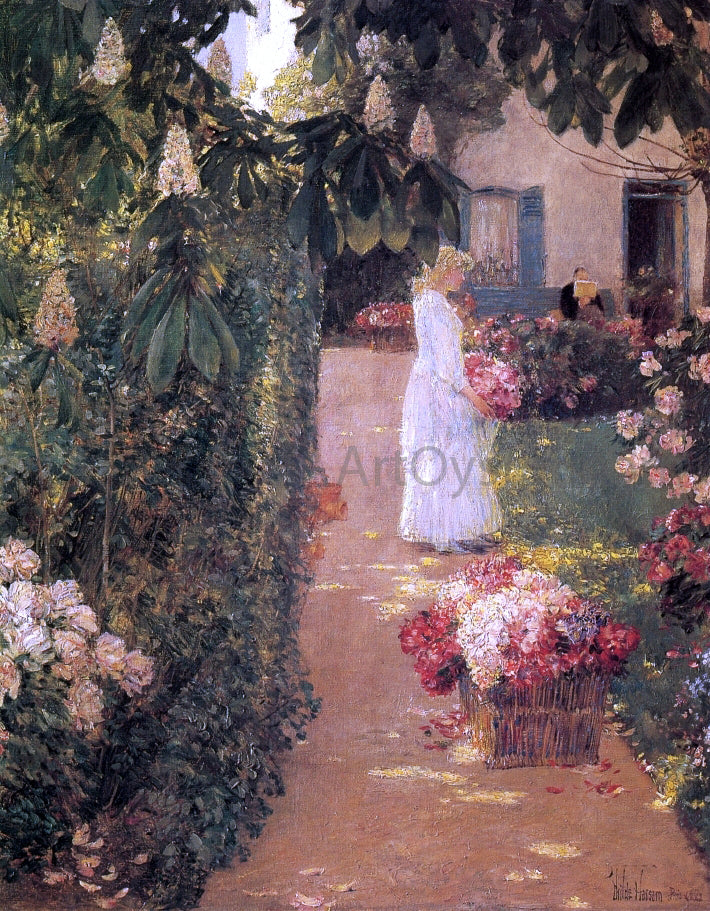 Frederick Childe Hassam Gathering Flowers in a French Garden - Hand Painted Oil Painting