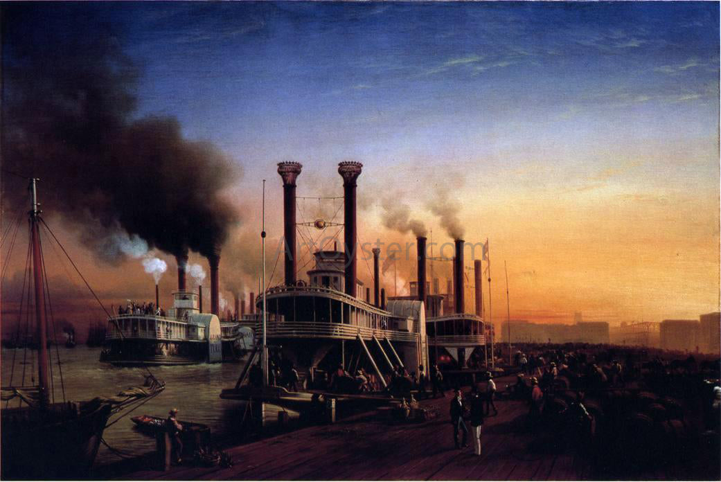 Hyppolite Sebron Giant Steaamboats at the Levee in New Orleans - Hand Painted Oil Painting
