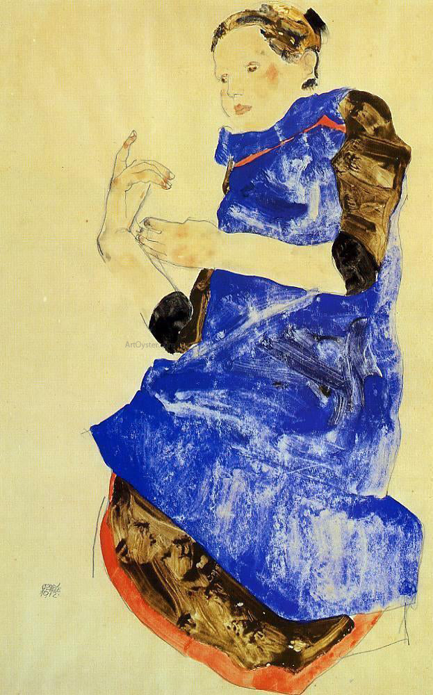Egon Schiele Girl in a Blue Apron - Hand Painted Oil Painting