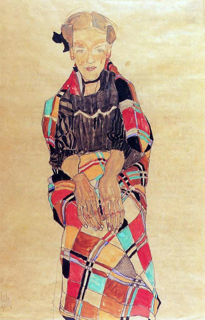 Egon Schiele Girl in Black Pinafore, Wrapped in Plaid blanket - Hand Painted Oil Painting