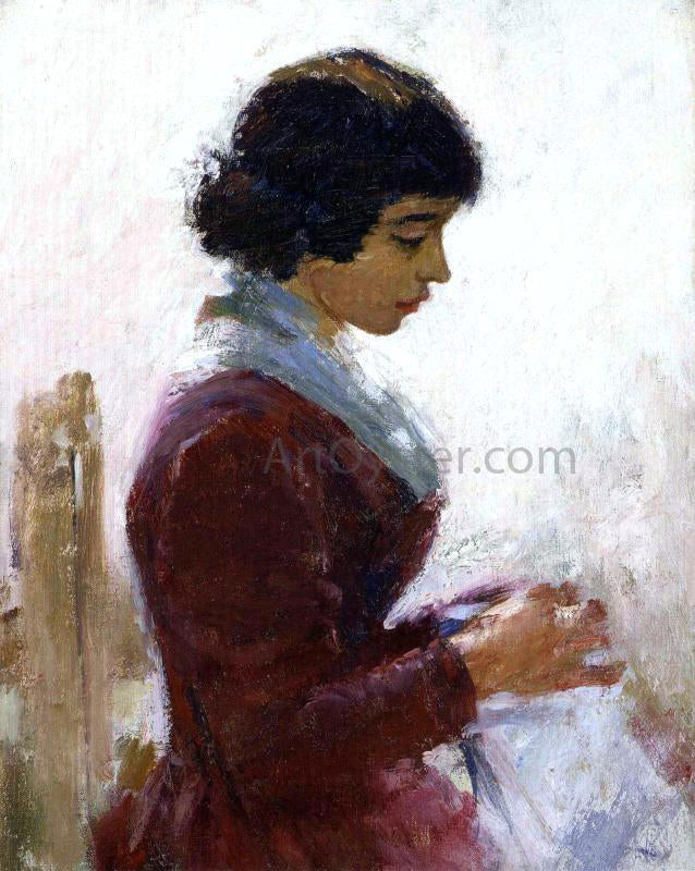 Theodore Robinson Girl in Red, Sewing - Hand Painted Oil Painting