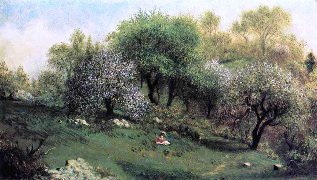 Martin Johnson Heade Girl on a Hillside, Apple Blossoms - Hand Painted Oil Painting