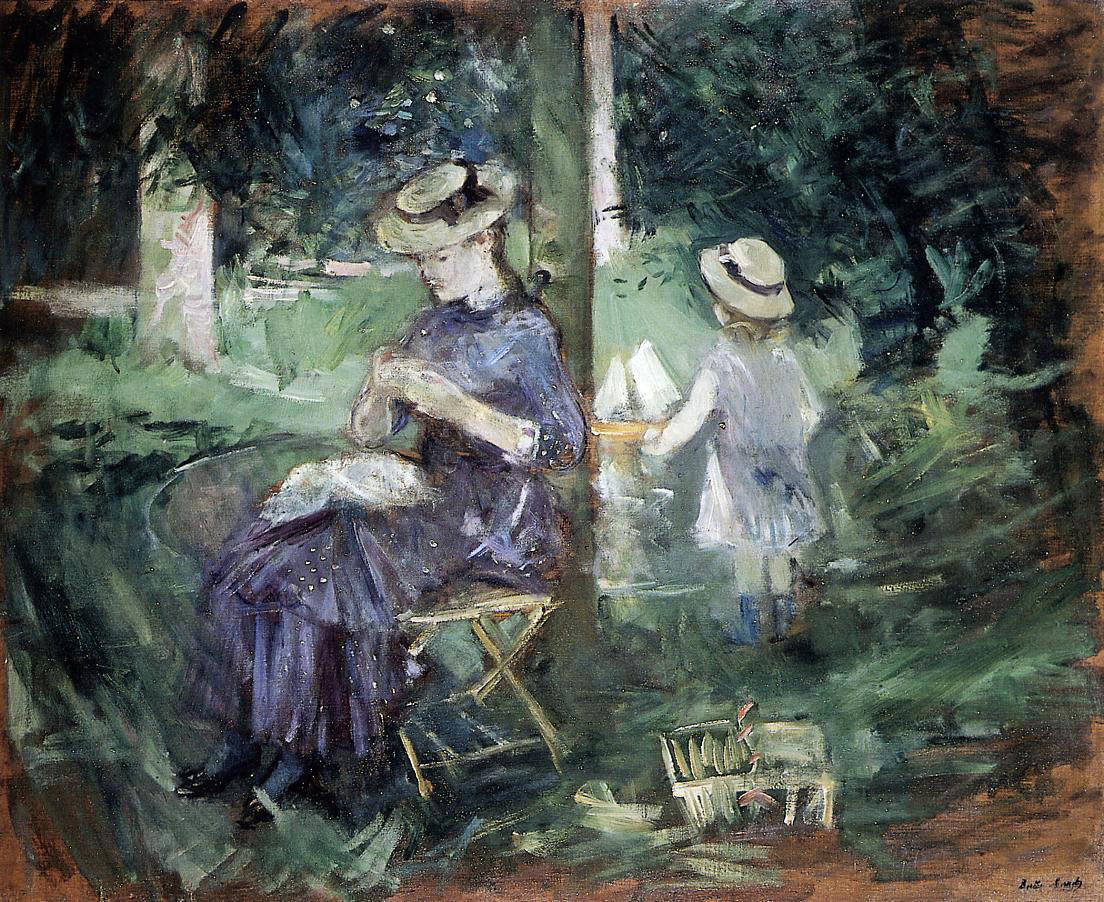  Berthe Morisot Girl Sewing in a Garden - Hand Painted Oil Painting