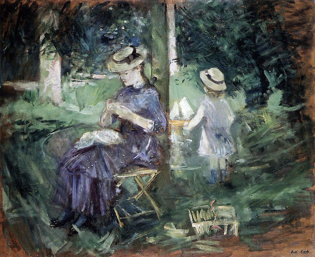 Berthe Morisot Girl Sewing in a Garden - Hand Painted Oil Painting