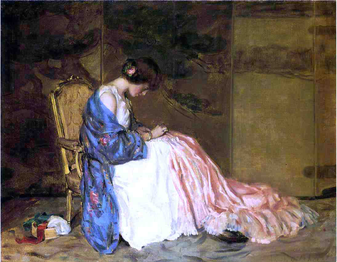 Jr. William Wallace Gilchrist Girl Sewing - The Party Dress - Hand Painted Oil Painting