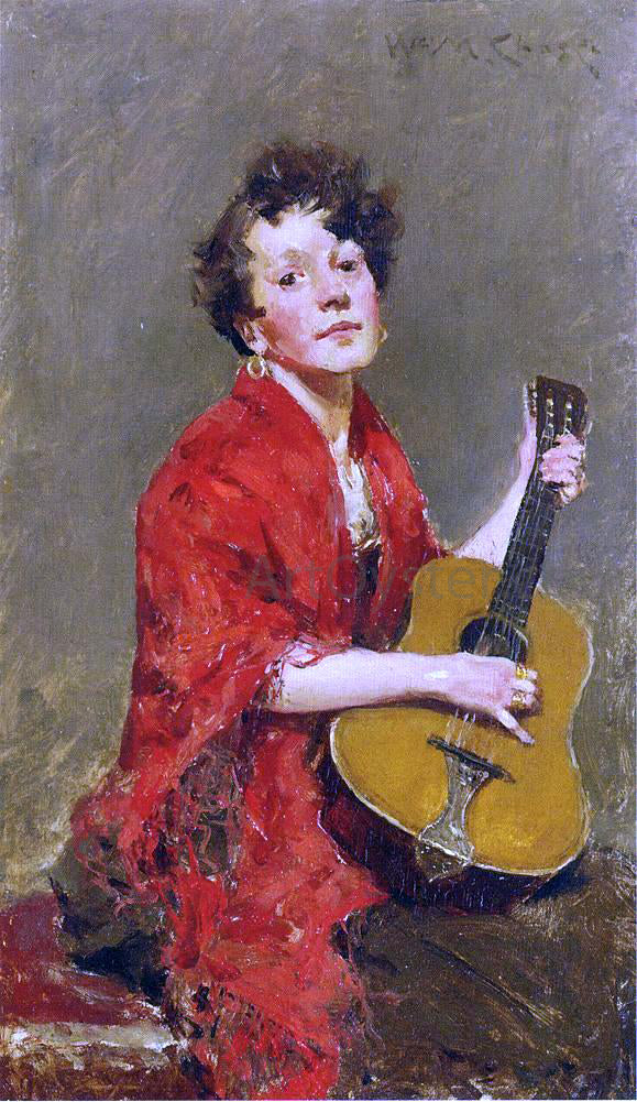 William Merritt Chase A Girl with Guitar - Hand Painted Oil Painting