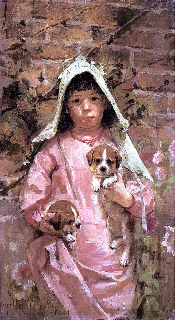 Theodore Robinson Girl with Puppies - Hand Painted Oil Painting