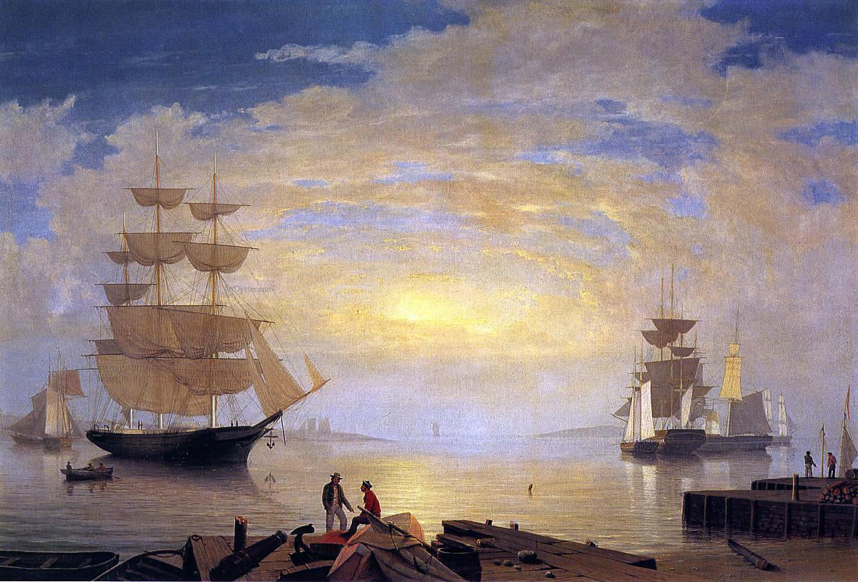  Fitz Hugh Lane A Gloucester Harbor at Sunrise Scene - Hand Painted Oil Painting