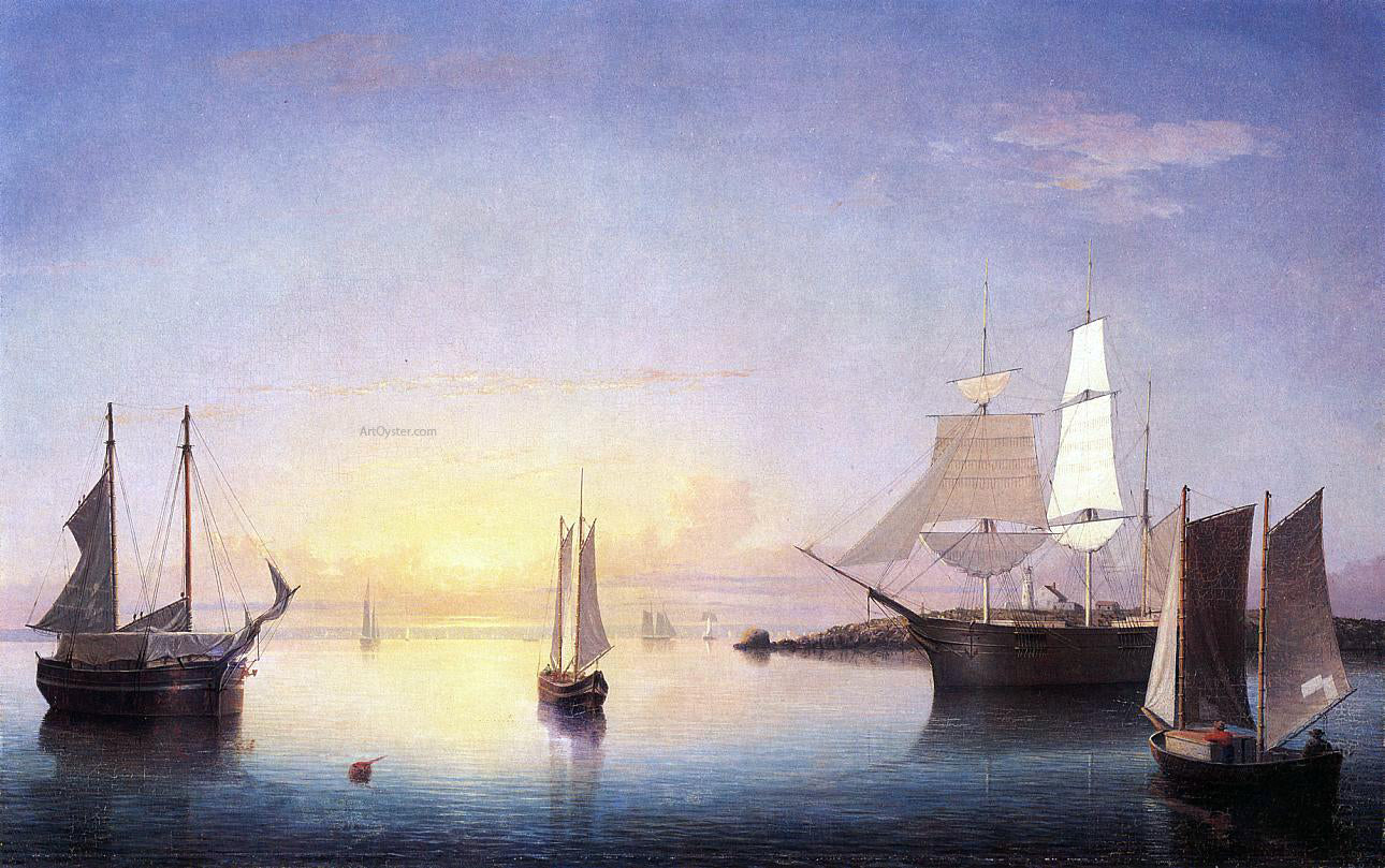  Fitz Hugh Lane A Gloucester Harbor at Sunset Scene - Hand Painted Oil Painting