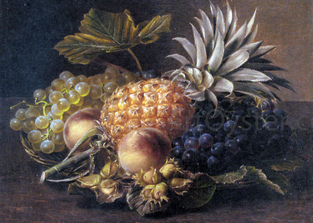 Johan Laurentz Jensen Grapes, a Pineapple, Peaches and Hazelnuts in a Basket - Hand Painted Oil Painting