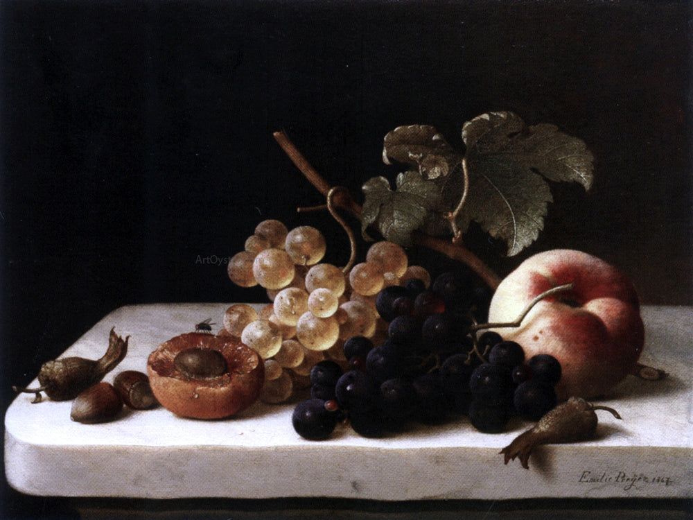 Emilie Preyer Grapes Acorns and Apricots on a Marble Ledge - Hand Painted Oil Painting