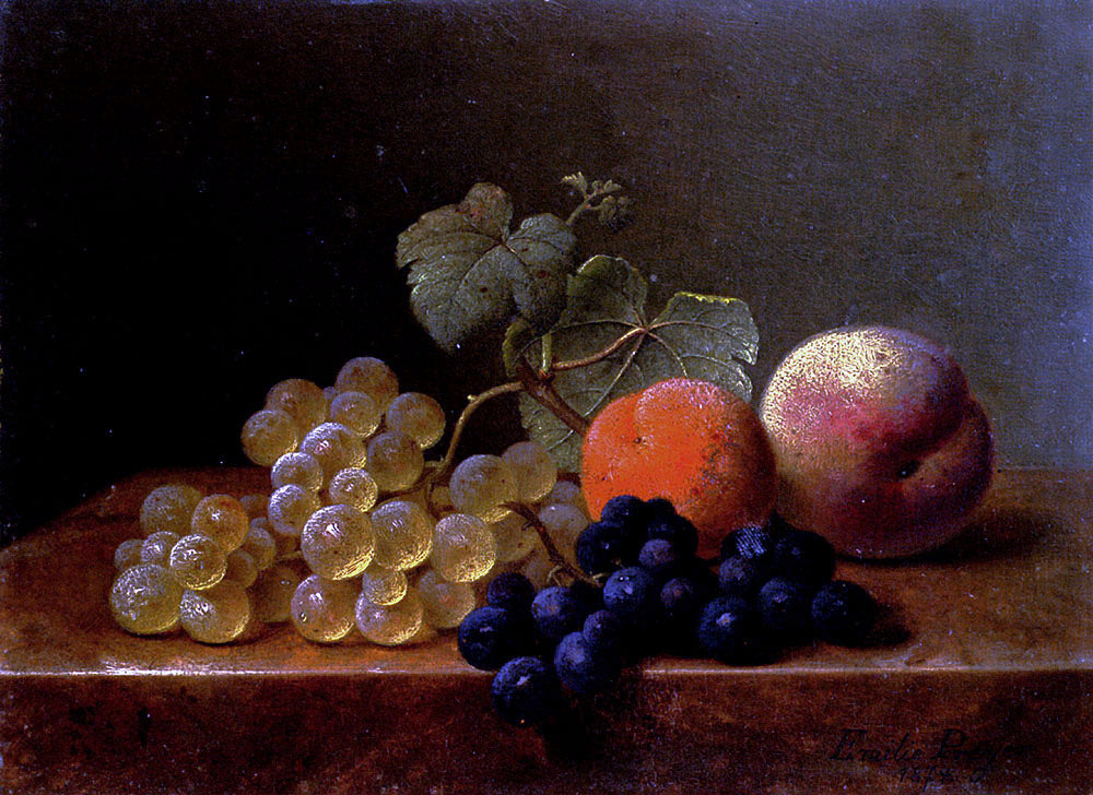 Emilie Preijer Grapes, An Orange And An Apple On A Marble Ledge - Hand Painted Oil Painting