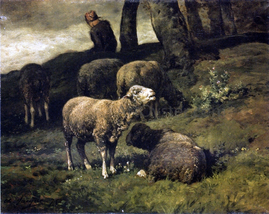 Charles Emile Jacque Grazing Sheep with a Sheperdhess Beyond - Hand Painted Oil Painting