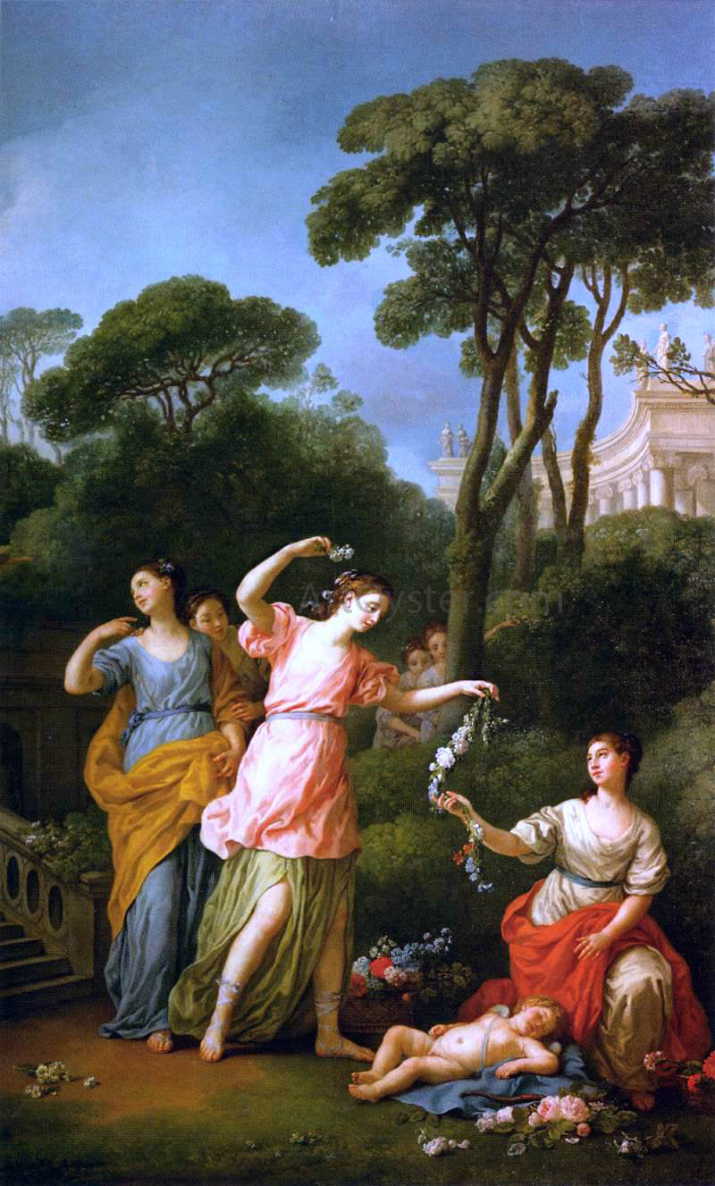 Joseph-Marie Vien Greek Maidens Adorning a Sleeping Cupid with Flowers - Hand Painted Oil Painting