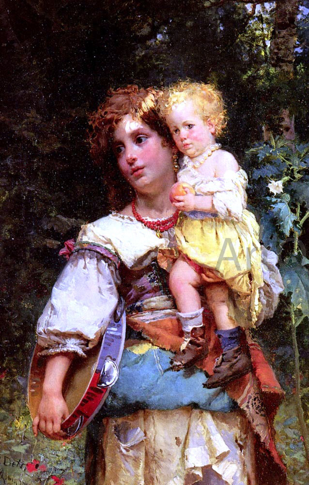 Cesare-Auguste Detti Gypsy Woman and Child - Hand Painted Oil Painting